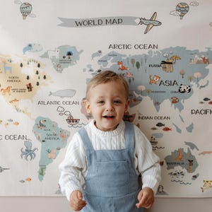 Organic Cotton World Map Tapestry for Nursery Wall Art - Neutral Montessori Decor