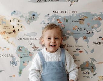 Organic Cotton World Map Tapestry for Nursery Wall Art - Neutral Montessori Decor
