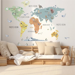 Boho Brave Weltkarte Wandaufkleber, abnehmbar und neu positionierbar, Boho Weltkarte Wandaufkleber, Tierkarte Aufkleber, Kinderzimmer Weltkarte