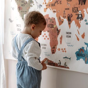 Weltkarte Senf Wandteppich, Wandteppich aus natürlichem Baumwollstoff, Kindergeschenke, Kinderzimmer Wandbehang, Wandbehang