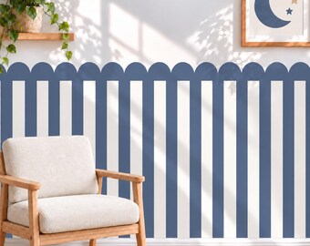 May include: A wall covering featuring a vertical striped pattern in navy blue and white, topped with a scalloped navy blue border. The design is applied to a flat surface, creating a clean, repeating linear aesthetic across the wall area.