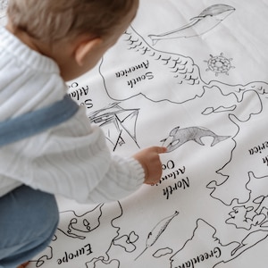 Wereldkaart natuurlijk tapijt, tapijt van biologisch katoen, tapijt kinderkamer, tapijt kinderkamer, educatieve wereld, inrichting kinderkamer