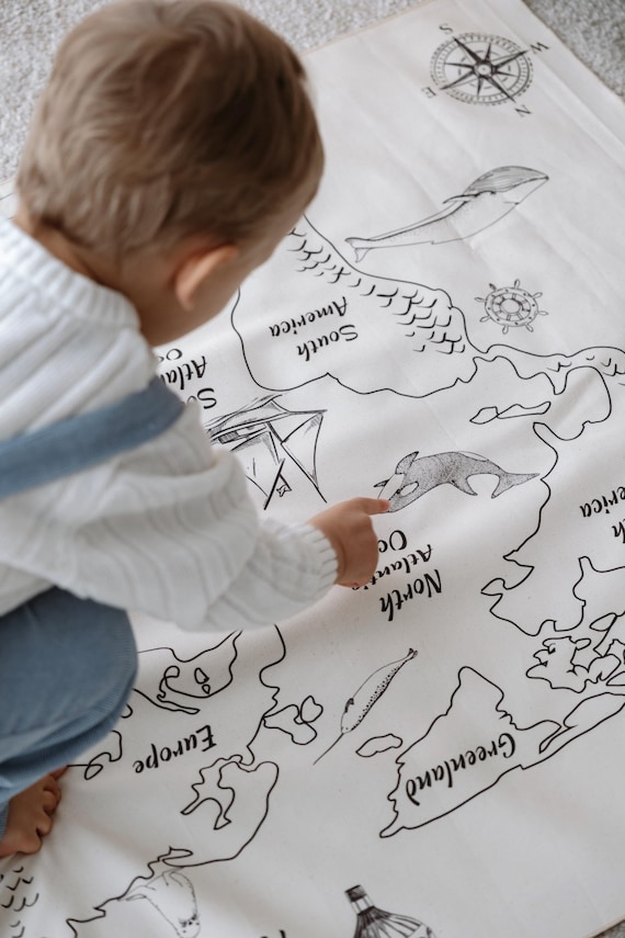 Neutral World Map Tapestry • Organic Cotton Wall Hanging for Kids