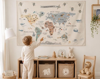 Organic Cotton World Map Tapestry for Nursery Wall Art - Neutral Montessori Decor