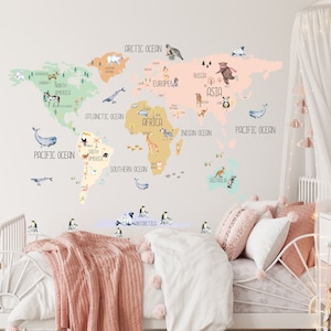 Boho Aufkleber, Weltkarte, Wandbild, abziehbar und neu positionierbar, Kinderzimmer Wandsticker, Kinderzimmer Weltkarte, Wandbild, Schälen und aufkleben