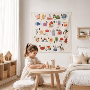 Baby Alphabet Nursery Wall Decor -Organic Cotton Montessori Alphabet Tapestry