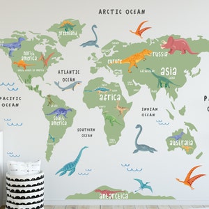 恐竜の世界地図 グリーンデカール 取り外し可能で貼り直し可能 恐竜ステッカー 赤ちゃんの部屋用世界地図 子供用恐竜