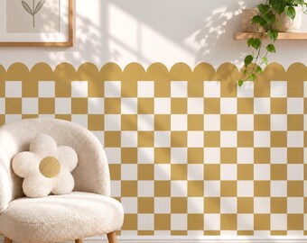 May include: A wall decal featuring a mustard yellow and white checkered pattern with a scalloped top edge. The design covers the lower portion of the wall, creating a repeating grid of squares that provides a clean, geometric look for interior spaces.