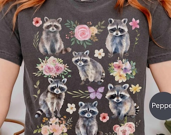 Raccoon shirts, cottagecore raccoon shirt, boho floral raccoon tee, nature flower shirts, raccoon lover gifts, cute funny raccoon t shirt
