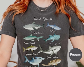 May include: Dark gray t-shirt featuring a watercolor illustration of various shark species, including Megalodon, Silky, Blue Shark, Whale Shark, Lemon Shark, Great White, Hammerhead, and Zebra. The text "Shark Species" is above the illustrations.