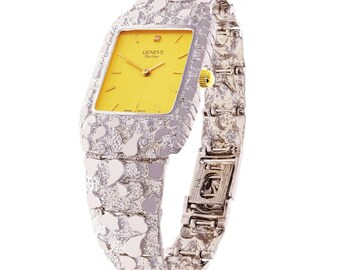 14k White Gold Nugget Wrist Band Geneve Diamond Watch 8.5"