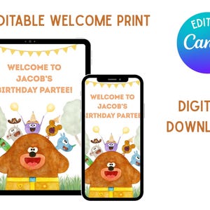 Hey Duggee Welcome Sign: Editable Birthday Party Decor (A4 Digital Download Canva Template)