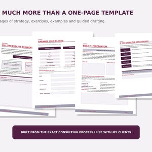 May include: A 16-page strategy template featuring white sheets with dark purple text and headers. The pages include sections titled Why This Essay Is So Important, Arrange Your Blocks, Build It: Preparation, and If You Chose The Direction Arc.