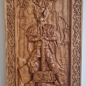 Viking Thor God of Thunder, Skandinavian Viking, Valhalla, Wall decoration plaque, norse gods, Wood carved picture