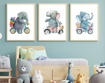 Set of 3 Elephant wall art set, Printable elephant art,Boys room decor, Pregnancy gift, Nursery Prints,Watercolor strech illustration,Kawai