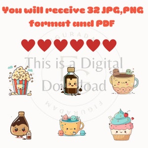 16 parejas Kawaii Clipart Set comida linda Clip Art amistad mejor amigo amor San Valentín gráficos vectoriales divertidos dulce planificador imprimibles