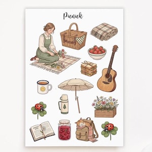 Könnte beinhalten: Illustration mit Picknick-Artikeln, darunter ein Korb, eine Decke, Erdbeeren, Sandwiches, eine Gitarre, eine Tasse, ein Sonnenschirm, eine Thermoskanne, Blumen, ein Buch, ein Glas Kirschen und eine Katze im Rucksack. Das Wort "Picnick" steht oben.