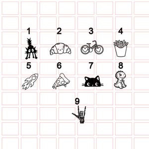 May include: Black and white line art illustrations of various objects. Included are a cartoon monster, croissant, bicycle with hearts, french fries, rocket ship, pizza slice, cat, dinosaur, and a skeleton hand.