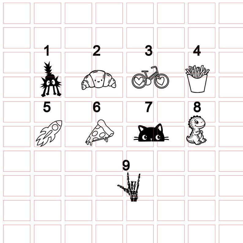 May include: Black and white line art illustrations of various objects. Included are a cartoon monster, croissant, bicycle with hearts, french fries, rocket ship, pizza slice, cat, dinosaur, and a skeleton hand.