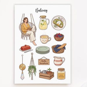 Könnte beinhalten: Illustration einer Balkonszene mit verschiedenen Elementen. Enthält eine Frau in einem Hängesessel, Essen, Pflanzen und dekorative Gegenstände. Der Text "Balcony" steht oben. Weitere Texte sind "Hello Sunshine" und "Sunny Morning".