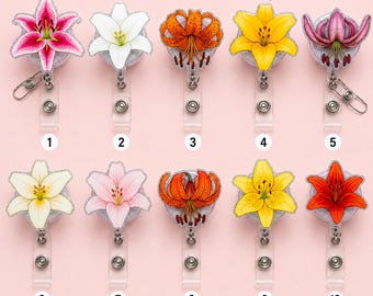 Lily Flower Badge Reel, Pink Floral Badge Holder, Retractable ID Clip, Aesthetic Work Badge, Cute Gift for Nurse, Teacher, Office Staff