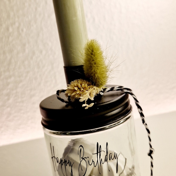 Money gift in a candle jar personalized for confirmation, communion, birthday, housewarming