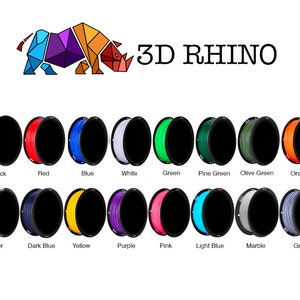 May include: Assortment of 3D printer filament spools in various colours, including black, red, blue, white, green, pine green, olive green, orange, silver, dark blue, yellow, purple, pink, light blue, marble, and grey. The spools are arranged in two rows of eight.
