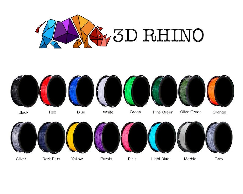 May include: Assortment of 3D printer filament spools in various colours, including black, red, blue, white, green, pine green, olive green, orange, silver, dark blue, yellow, purple, pink, light blue, marble, and grey. The spools are arranged in two rows of eight.