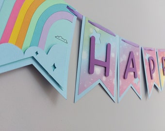 Rainbow birthday banner, first happy birthday, garland rainbow, personalized banner, handmade, pastel rainbow decoration, unicorn party