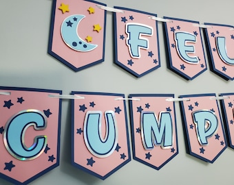Moon and Star Birthday Banner: Holographic Cardboard Decor, First Birthday or Smashcake session pennant