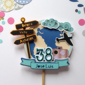 Topper de gâteau de voyage, décor de gâteau de carte du monde, topper d’avion, anniversaire des voyageurs, topper de gâteau de voyage, Adventure Begins, topper de gâteau personnalisé