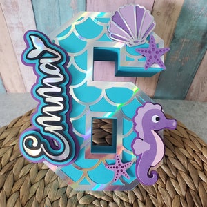 Sirena con número 3D, letras 3D personalizadas de cartón, número de sirena, sirena de primer cumpleaños, decoración de tarta de sirena, decoración con números 3D