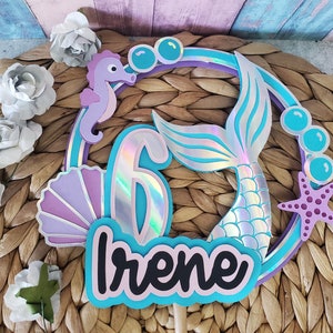 Topper de pastel de sirena para cumpleaños, Pastel de decoración bajo el tema del mar, Decoración personalizada del océano marino iridiscente en capas para la fiesta de las niñas