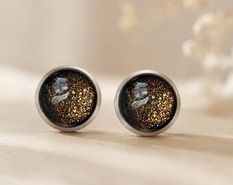 Handmade Titanium Stud Earrings, Black and Gold Glitter, Hypoallergenic