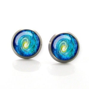 Blue Galaxy Titanium Earrings, Space Earrings, Galaxy Studs, Blue Yellow Nebula Earrings. Cosmic Universe Earrings. Hipster Astronomy Gift
