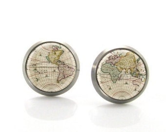 vintage Puces d'oreilles en titane avec carte du monde | Stud sensible hypoallergénique | Clous d'oreilles en titane | Clous d'oreilles noirs