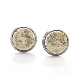Vintage wereldkaart Titanium Post oorknopjes | Hypoallergene gevoelige hengst | Titanium Oorknopjes | Zwarte oorknopjes