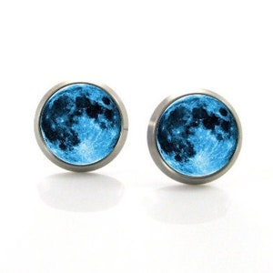 Blue Full Moon earrings, Mens earrings stud, Space jewelry, Earrings for men, Space gifts for men, Moon stud, Mens titanium earrings stud