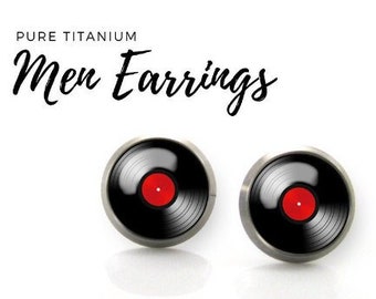 Pure Titanium Earrings Vinyl record ear studs Retro unisex earring studs, mens earrings, earrings for men | Titanium Jewelry Stud