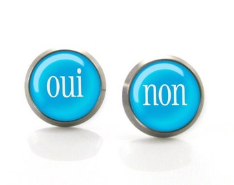 Oui non earring studs, Yes no earrings, Non oui earrings, Blue stud earrings, Oui gift, Unique earrings, Small earrings Stocking stuffer