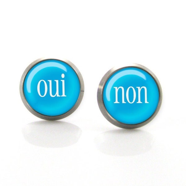 Oui non earring studs, Yes no earrings, Non oui earrings, Blue stud earrings, Oui gift, Unique earrings, Small earrings Stocking stuffer