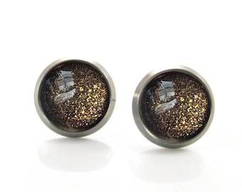 Black and gold Posts Titanium stud earrings, Tiny earrings gift, Glitter earrings studs, sparkling stud earrings, Wedding earrings,