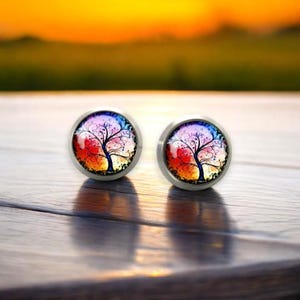Könnte beinhalten: Ein Paar silberne Ohrstecker mit einem farbenfrohen Lebensbaum-Design. Der Baum ist von einem wirbelnden Muster umgeben und hat ein rotes, orangefarbenes, gelbes, blaues und violettes Farbschema.