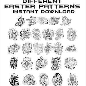 Op de afbeelding: 36 verschillende paaspatronen om direct te downloaden. De patronen zijn zwart-wit en bevatten verschillende paasontwerpen, waaronder eieren, bloemen, kruisen en konijnen. De patronen zijn beschikbaar in de formaten CDR, DXF, SVG, AI en PDF.