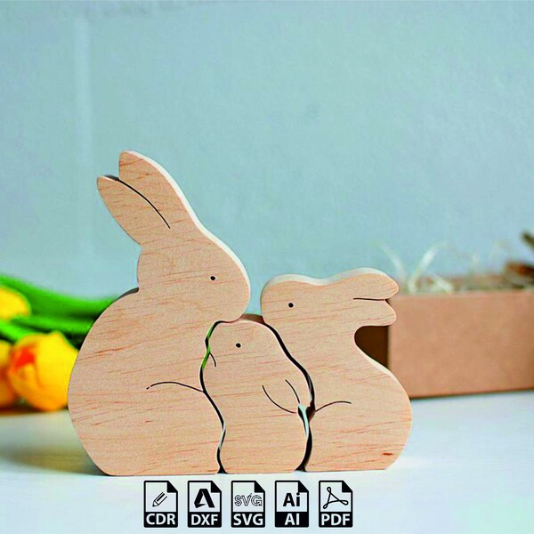 Easter bunny family laser cut wooden bunny puzzle bunny family easter svg ostern easter gift Kids gift wooden toy SVG cdr DXF ai PDF file