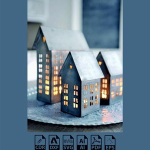 Vintage Stijl High Building Laser Cut Retro Building Town Or City Vintage House cnc Toy House Lantaarn svg 3 verschillende maten dxf eps cdr pdf