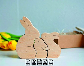 Lapin de Pâques famille découpé au laser lapin en bois puzzle lapin famille Pâques svg ostern cadeau de Pâques Enfants cadeau jouet en bois SVG cdr DXF ai fichier PDF