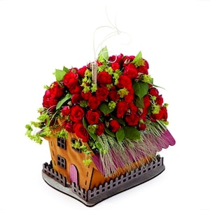Laserowo wycinane pudełko kwiatowe w kształcie domu Walentynki dekoracje, Walentynki plik SVG, Flower Box SVG, szablon wektora pola glowforge