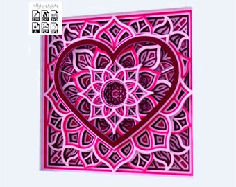 Heart Mandala Laser Cut multi couche fichier svg mandala glowforge mandala svg mandala dxf 4 couches mandala art mural DXF cdr SVG ai PDF eps