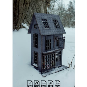 Laser Cut Potter House 3D Model Plan Giocattolo di legno Flourish And Blotts Bookstore, casa in legno dxf 3mm e 6mm SVG cdr DXF ai file PDF